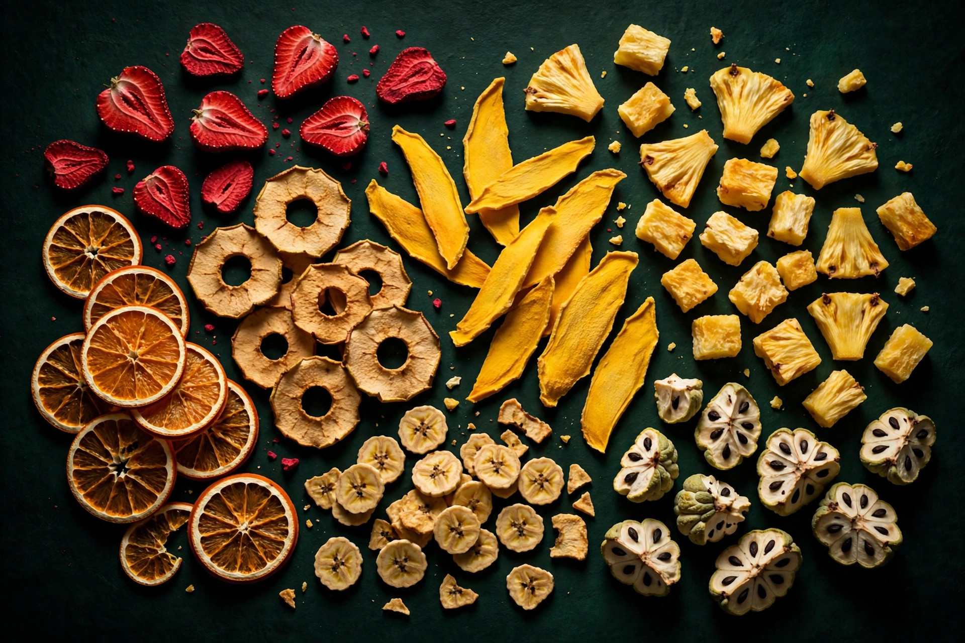 Overhead flat-lay of colourful freeze-dried fruits